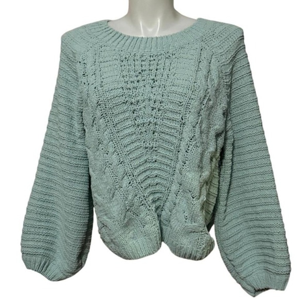 Harper Heritage Mint Green Chenille Cable Knit Puff‎ Sleeve Sweater Womens Large